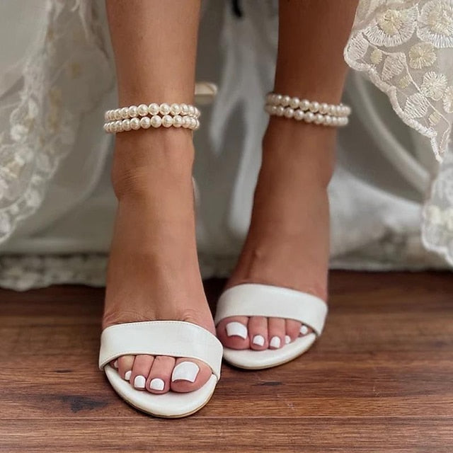 Anklet and Block White Wedding Heels Satin Pearl with Sandals -