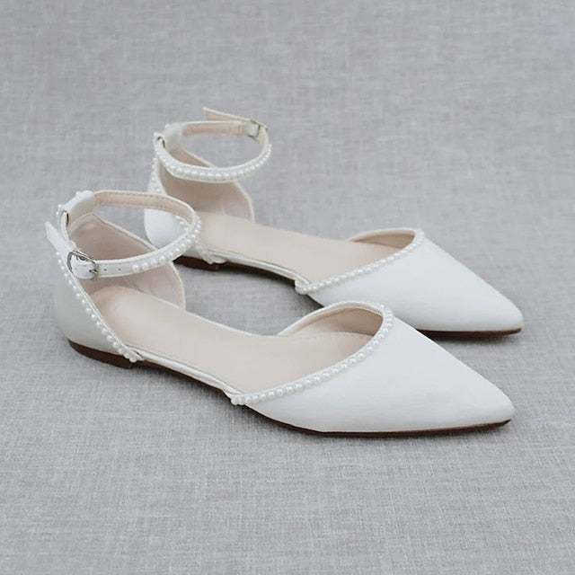 Flat Toe Pearl-Embellished Shoes with Women's Pointed White