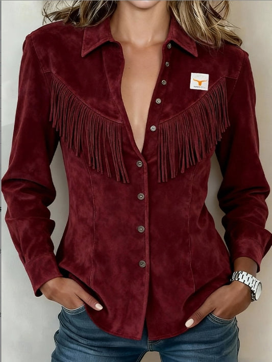 Women's Shirt Blouse Long Sleeve Tops Fringe Plain Western