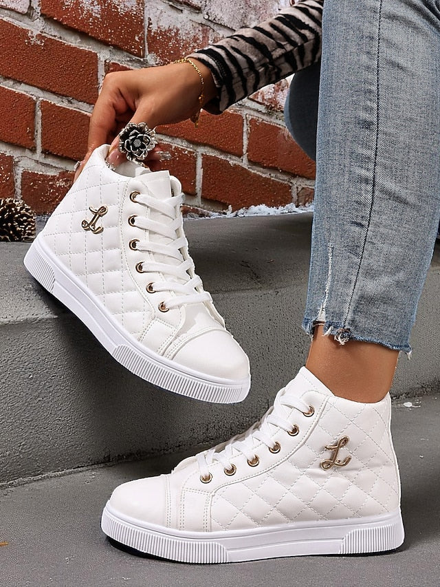 Women's White Quilted High-Top Sneakers, Fashion Lace-Up