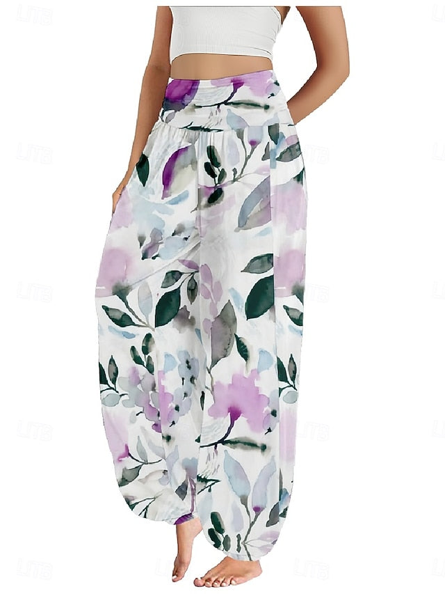 Women's Faux Cotton Linen Wide Leg Pants Trousers Ethnic