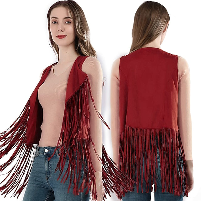 Retro Vintage 1970s Suede Vest Sleeveless Hippie Tassel Fringe
