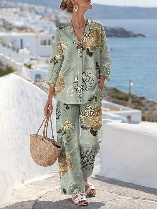 Women's Two Piece Sets Linen Like Pants Sets Bolero Top 3/4