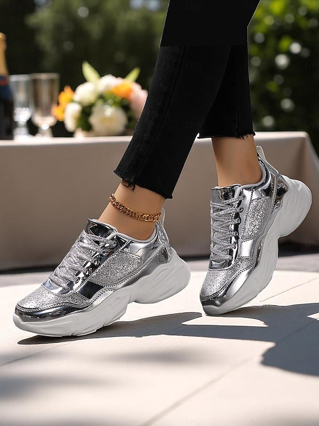with Chunky Platform Metallic Sneakers Women's Glitter