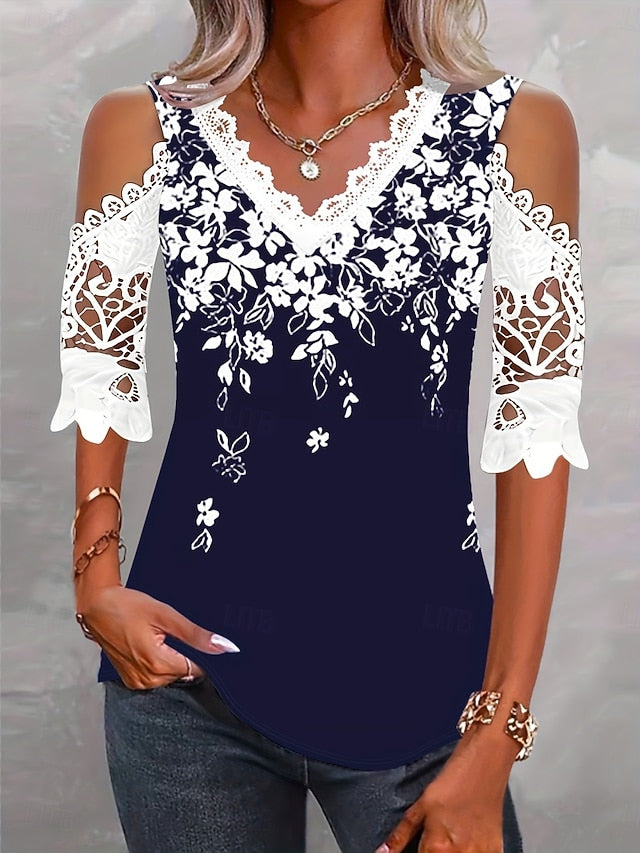 Women's Lace Splicing Top Blouse Lace Print Floral Stylish