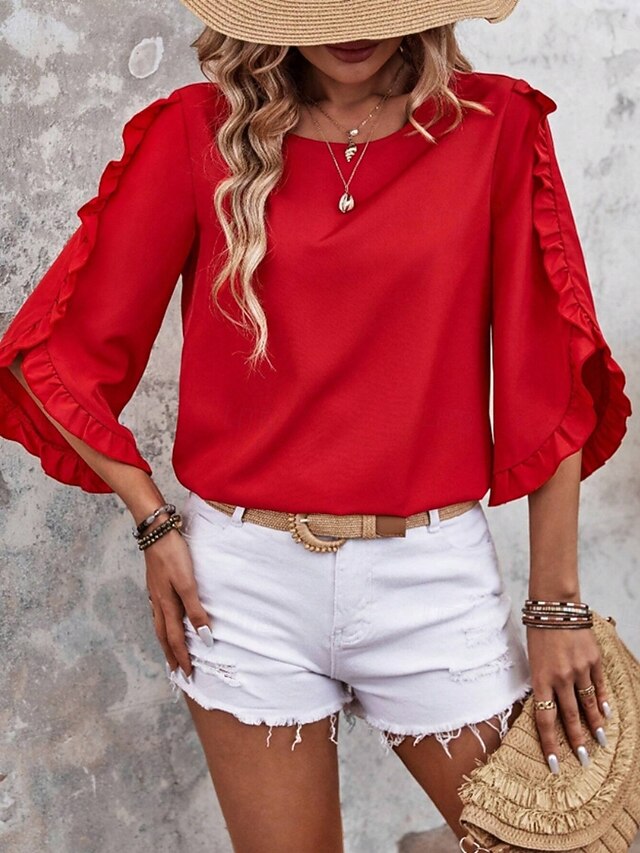 Women's Shirt Blouse Ruffle Blouse Ruffle Plain Stylish