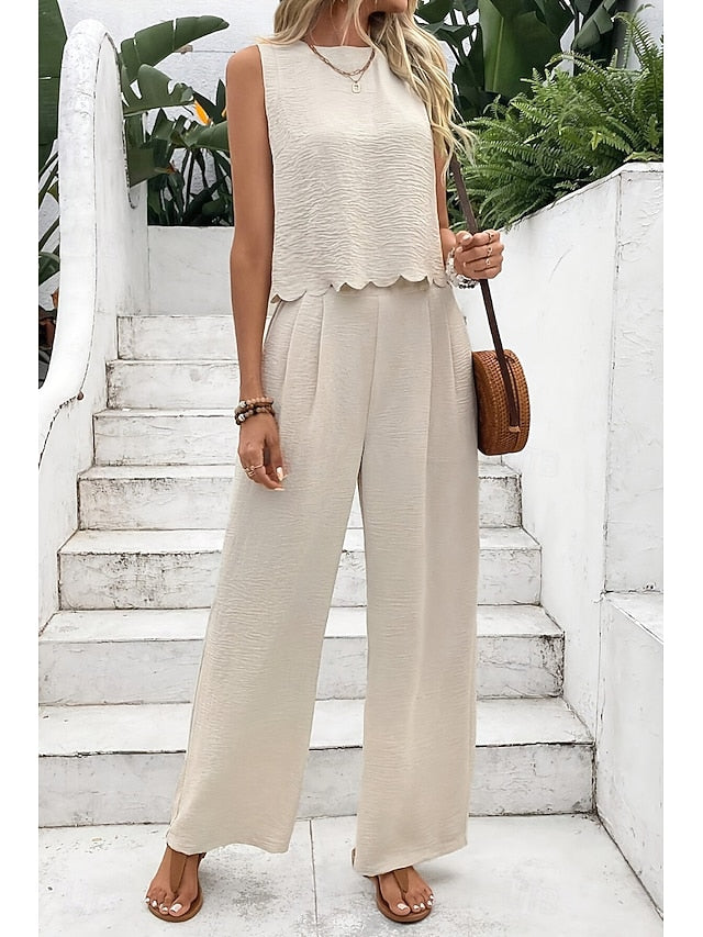 Women's Blouse Pants Sets Sleeveless Crew Neck Solid Color