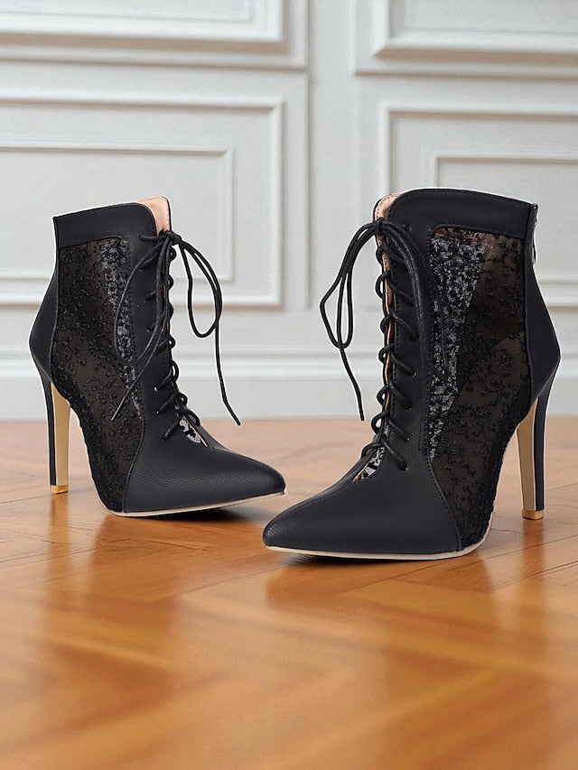 Heels Women's Stiletto Booties Mesh with White Lace Ankle