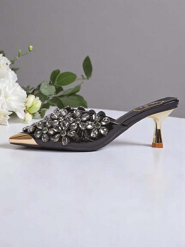 Mules Embellished Pointed-Toe – Rhinestone Women's Black