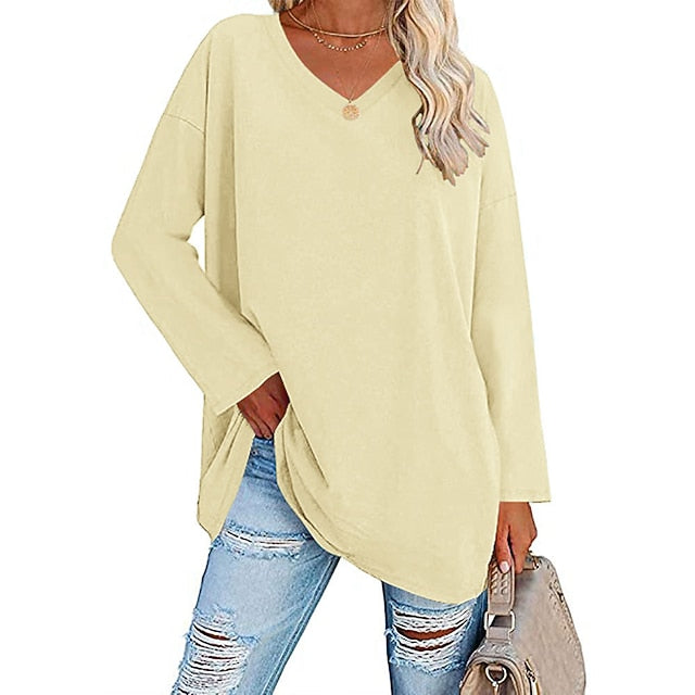 Women's T Shirt Plain Basic Long Sleeve V Neck Regular Tops