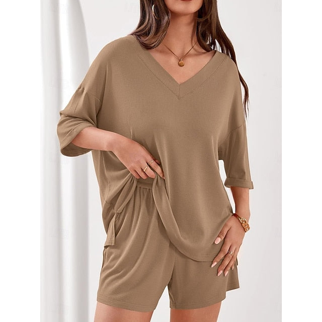 Women's Shorts Sets 3/4 Length Sleeve V Neck Solid Color