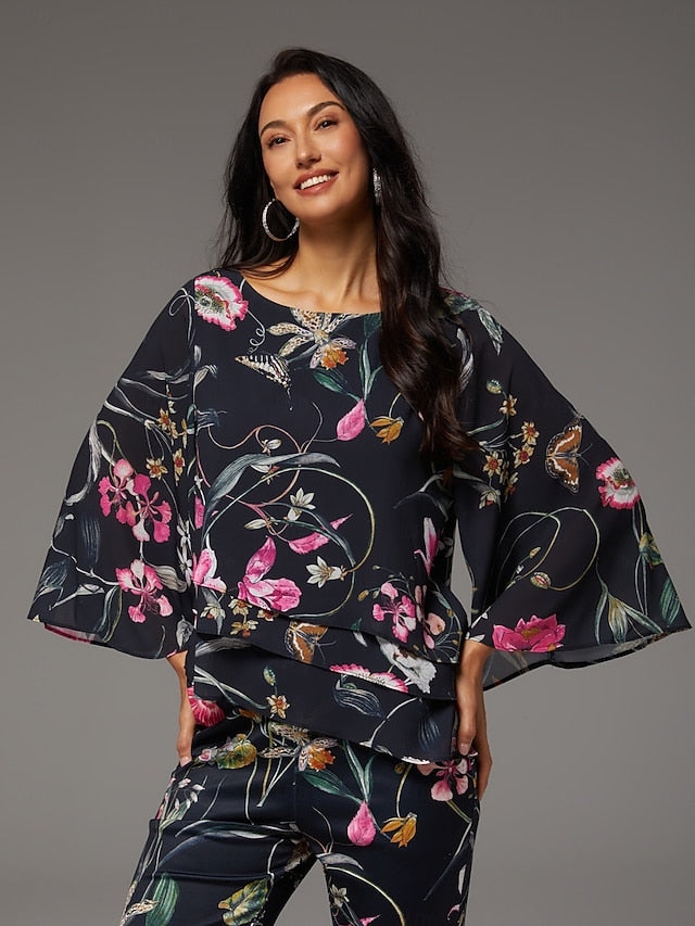 Women's Blouse Black Floral 3/4 Sleeve Loose Round Neck