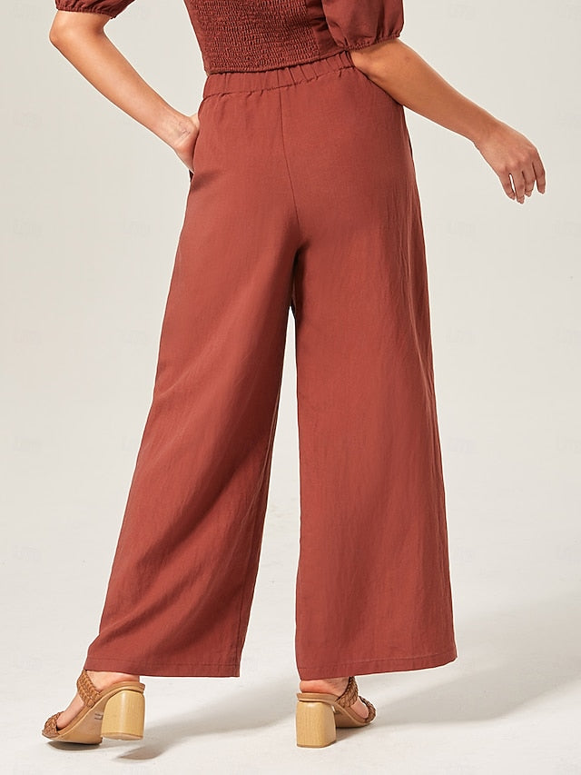 Lyocell-blend Broadcloth Solid Color Loose Long Pants