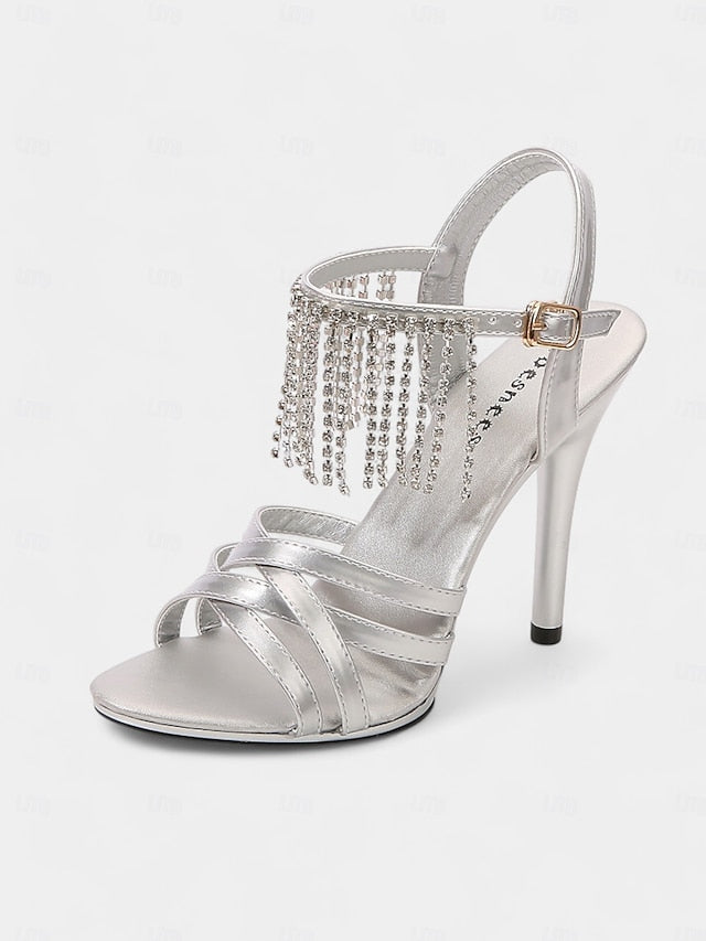 Red Leather Stiletto with Sandals Patent Women's Rhinestone