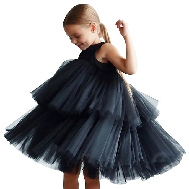 Wedding Mesh Girls' Sleeveless Dress Color Party Solid Kids