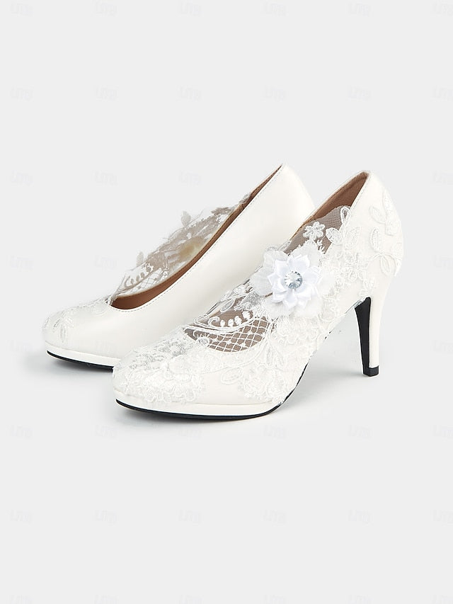 Bridal High Embellishments – with Heel White Shoes Floral Lace