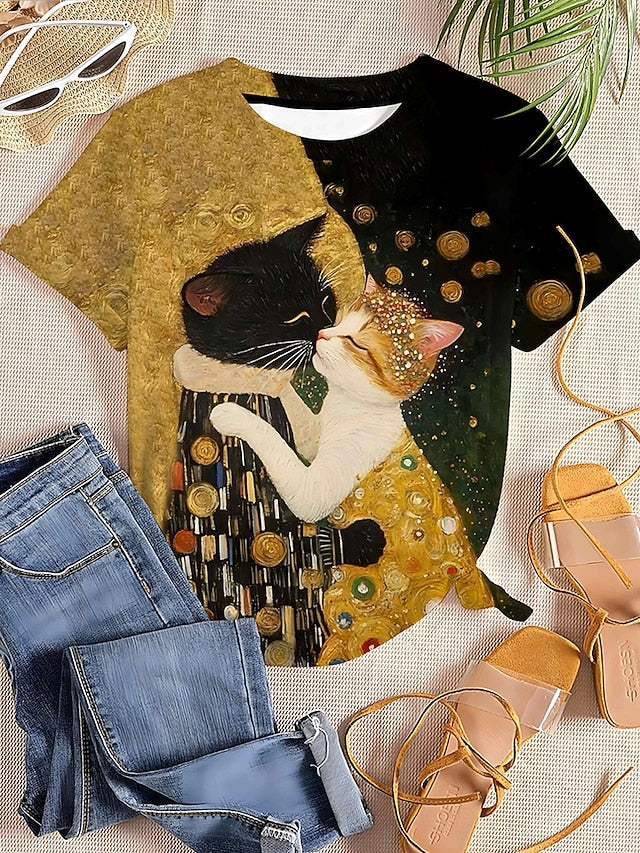 Women's T Shirt Print Graphic Animal Cat Vintage Stylish