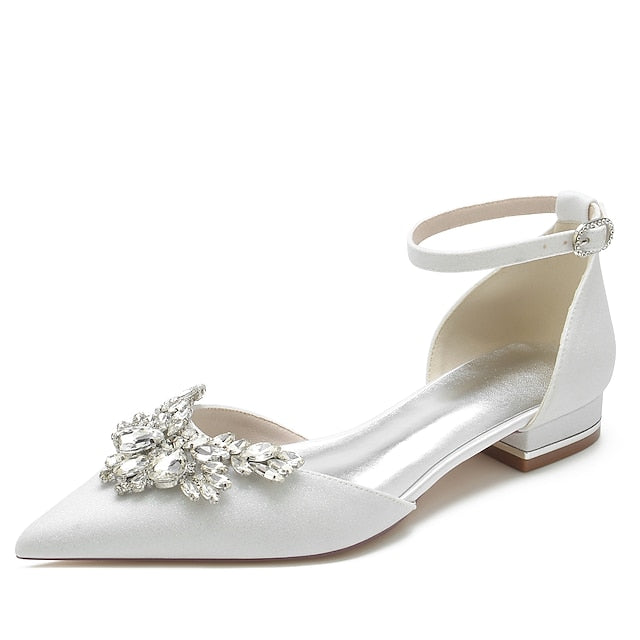 Rhinestone Satin White Flats Floral Design – Women's with