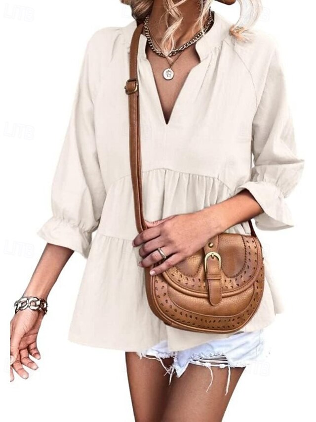 Women's Shirt Blouse Ruched Plain Casual Long Sleeve V Neck
