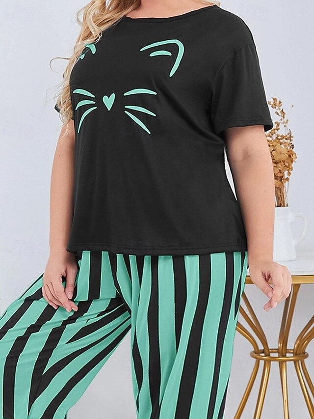 Women's Blouse Pants Sets Short Sleeve Crew Neck Cat