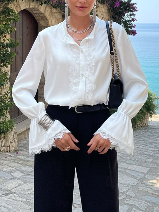 Women's Shirt Elegant Satin Top Blouse Patchwork Lace Trim