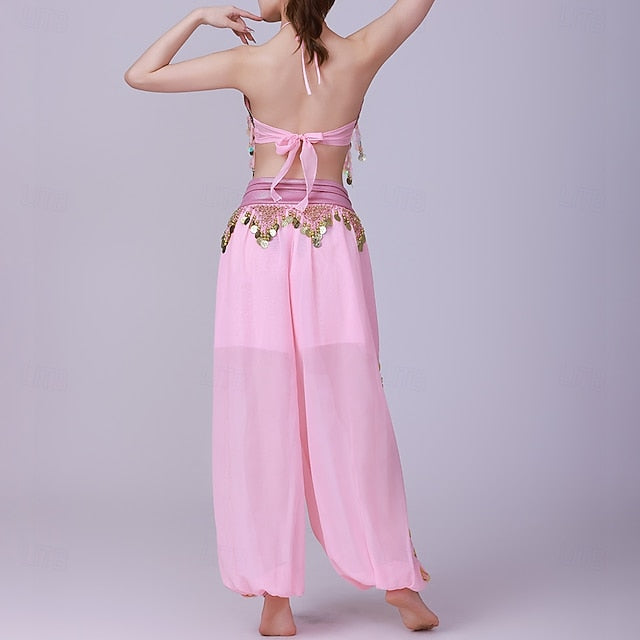 Latin Dance Top Gold Coin Pure Color Splicing Women's