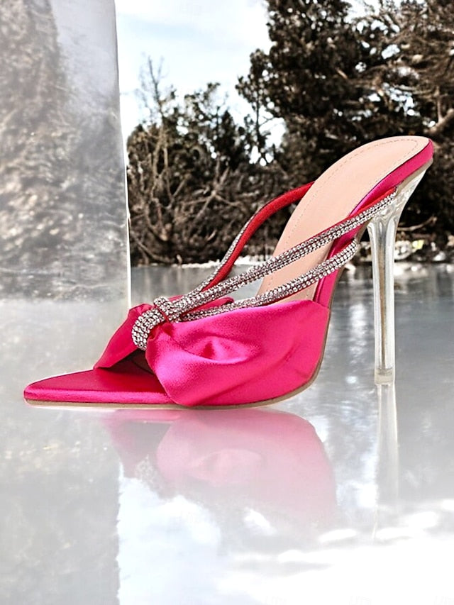 Hot Rhinestone Women's Satin Bow Heeled Sandals Pink –