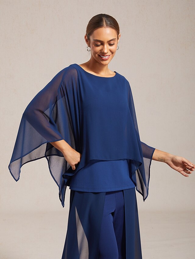 Women's Royal Blue Modal Chiffon Crewneck Sleeveless Cape