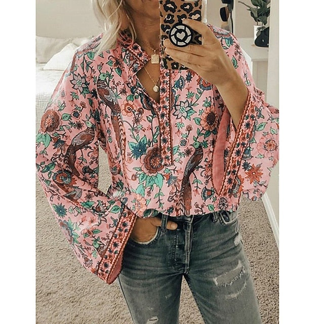 Women's Shirt Blouse Yellow Pink Dusty Rose Graphic Floral