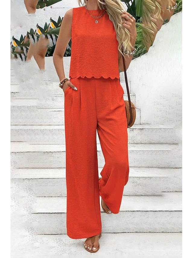 Women's Blouse Pants Sets Sleeveless Crew Neck Solid Color