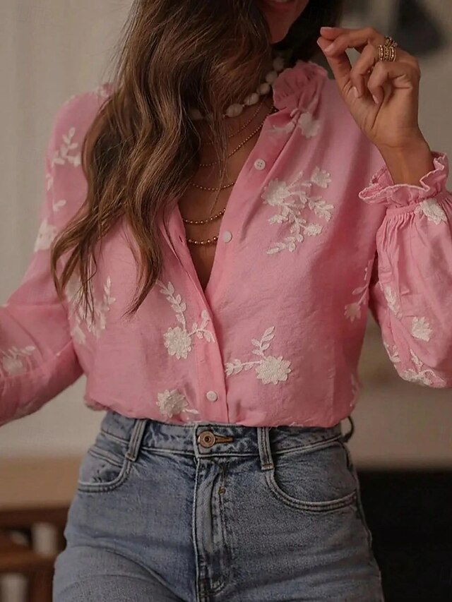 Women's Blouse Embroidered Buttons Floral Stylish Casual