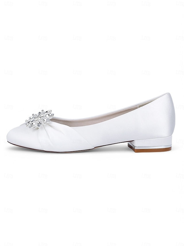 – White Satin Elegant Flats Crystal Women's Wedding