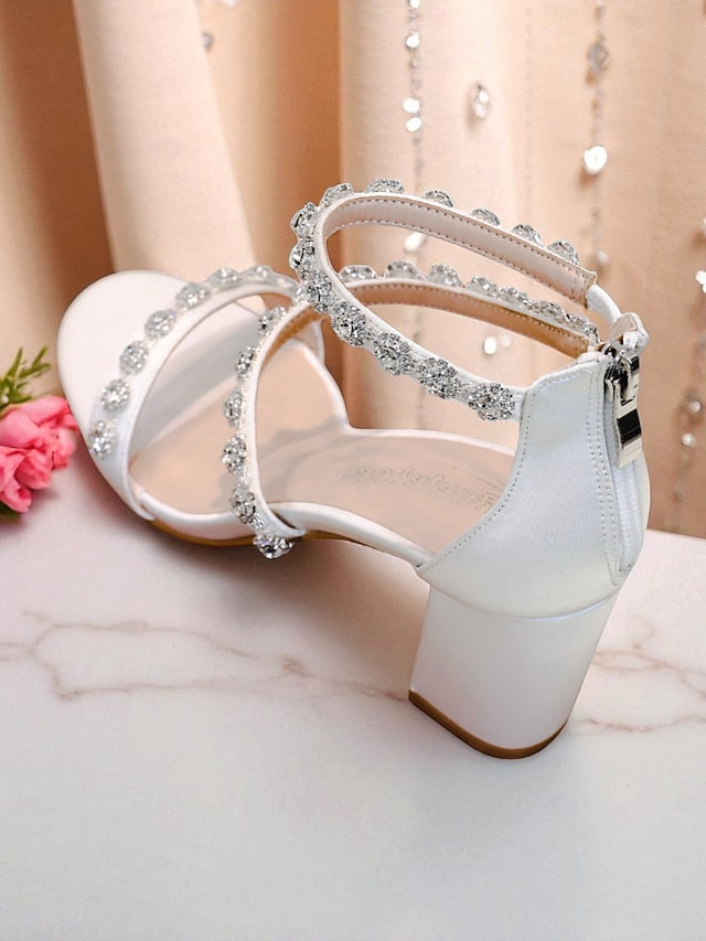 Rhinestone Open Sandals Heel White Elegant Block Women's -
