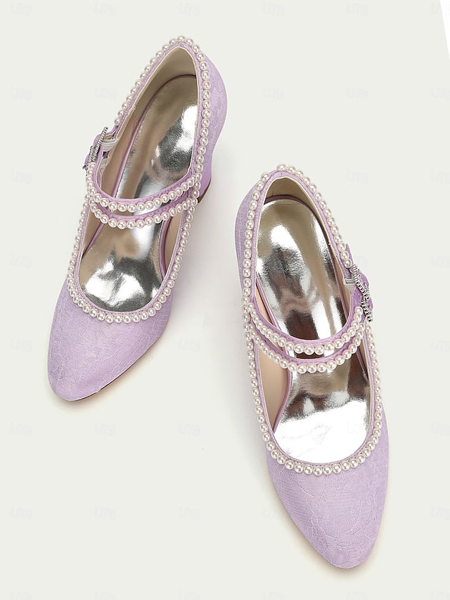 Jane Lace Women's - Heels Purple Embellished Pearl Mary