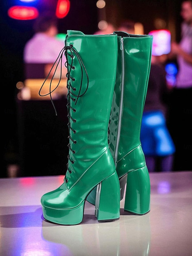 - Metallic Platform Knee High Women's Lace-Up Silver Boots