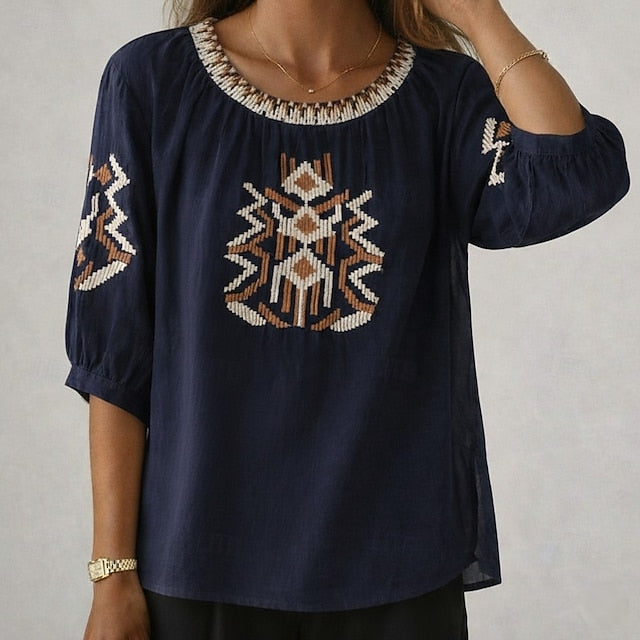 Women's Boho T-shirt Cotton Linen T Shirt Embroidered