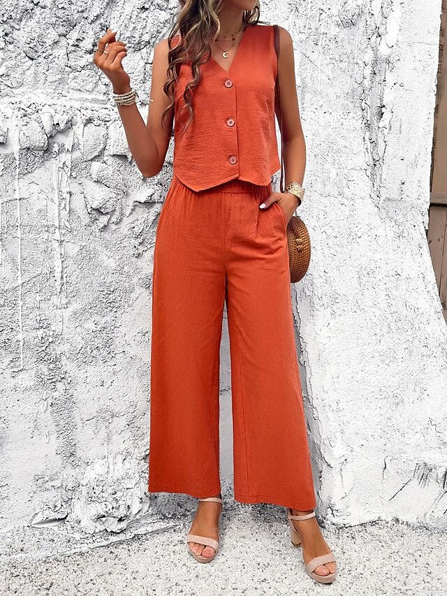 Women's Cotton Blend Vest Layered V-Neck Top Buttoned Crop