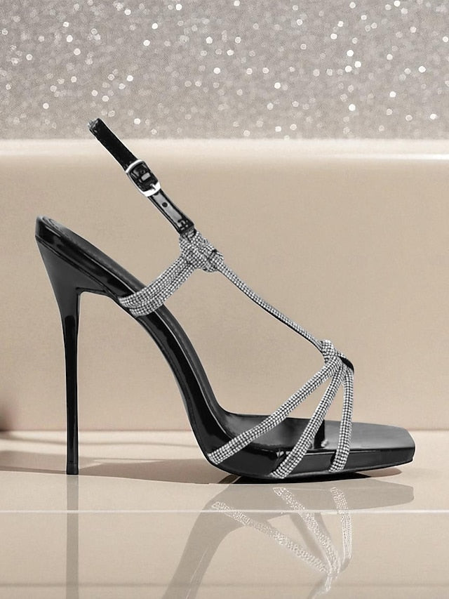 Toe with Heels Rhinestone Women's Stiletto Strappy Square