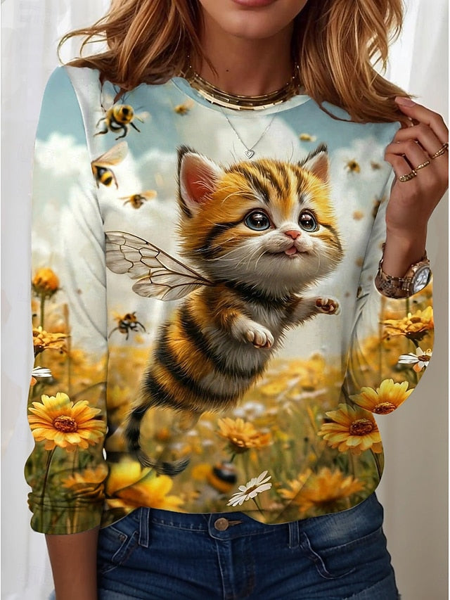 Women's T shirt Crew Neck Long Sleeve Tunic Floral Graphic