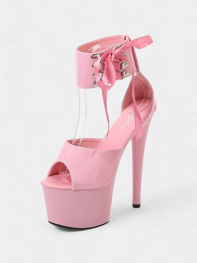 Black Patent with Leather Lace-Up Sandals Ankle Straps Platform