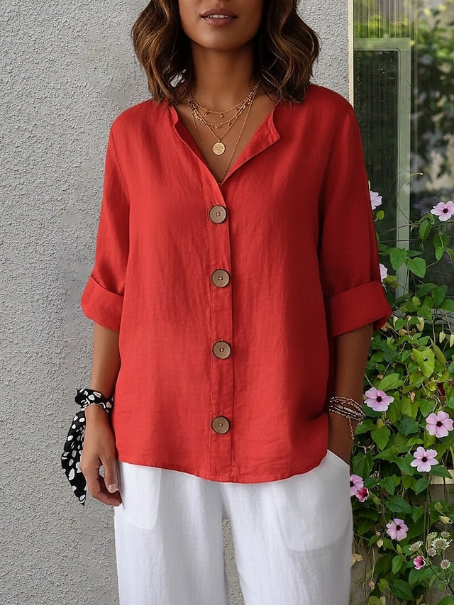 Women's Blouse 100% Cotton Solid Color Basic Casual 3/4