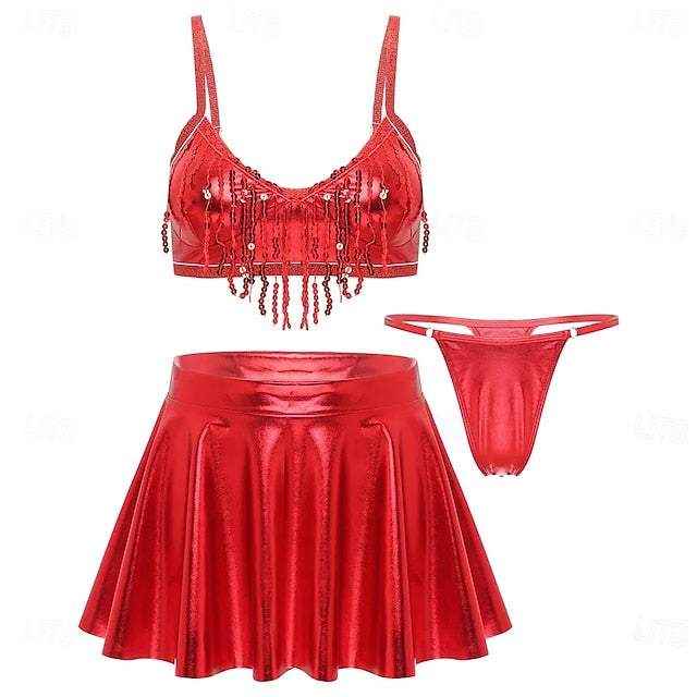 Retro Vintage 1980s Rave Skirt Outfits Crop Top Disco Shiny