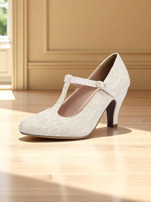 Ivory Heel Women's Mid Vintage Lace T-Strap Pumps-1920s