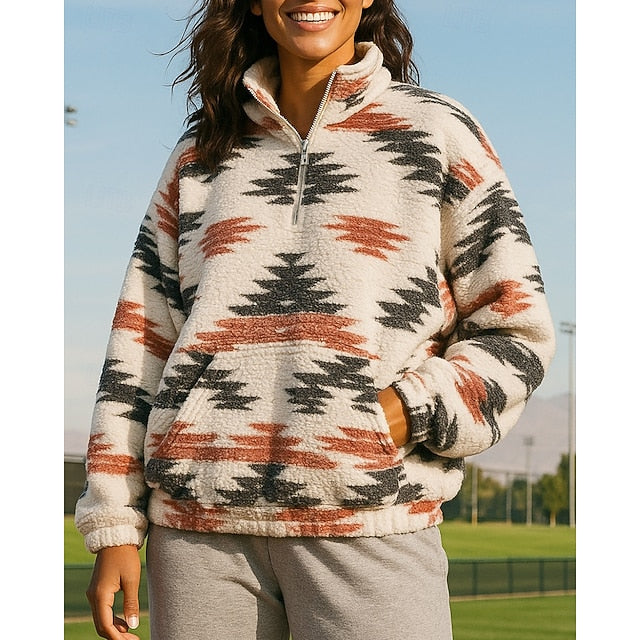 Women's Fleece Sweatshirt Casual Tops Boho Quarter Zipper