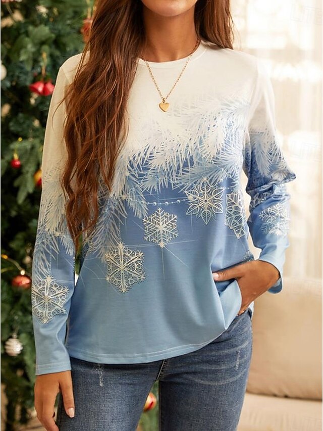 Women's T-Shirt Winter Snowflake Print Blue Gradient Casual