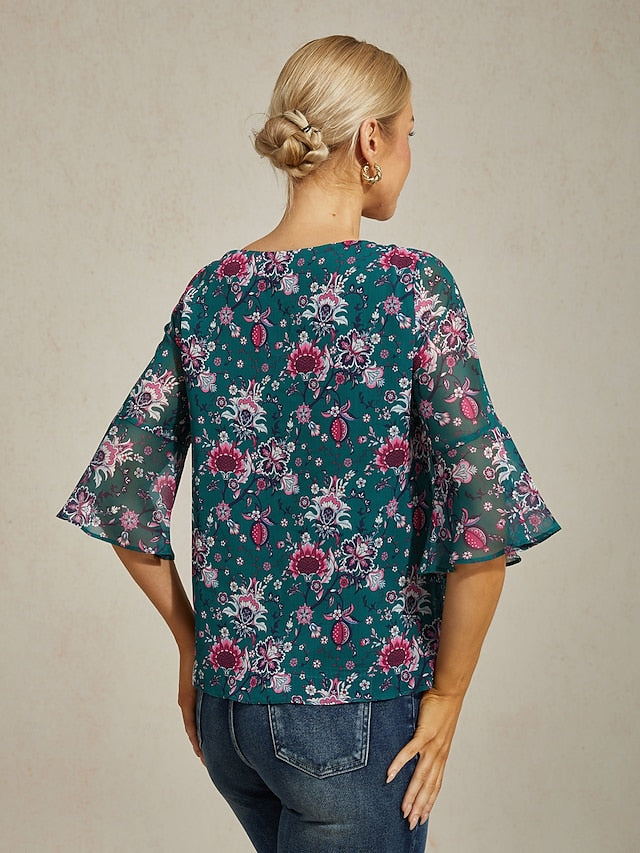 Women's Green Floral Print Sheer Flowy Chiffon Blouse