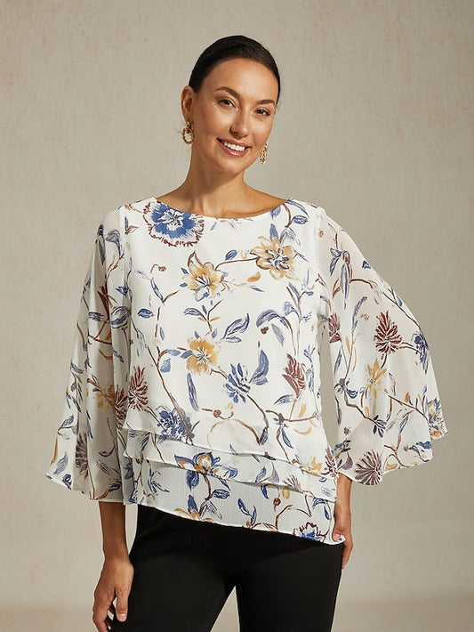 Women's Blouse Floral Print Layered Bell Sleeves Loose Fit
