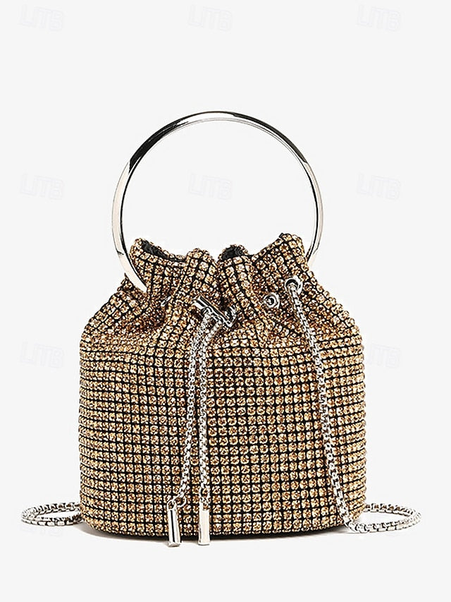 Sparkling Rhinestone Bag with Silver Bucket Women's Metal