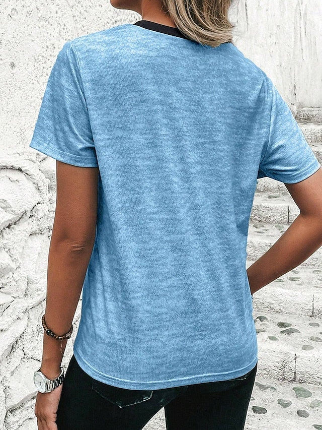 Women's T Shirt Casual Color Block Print Short Sleeve