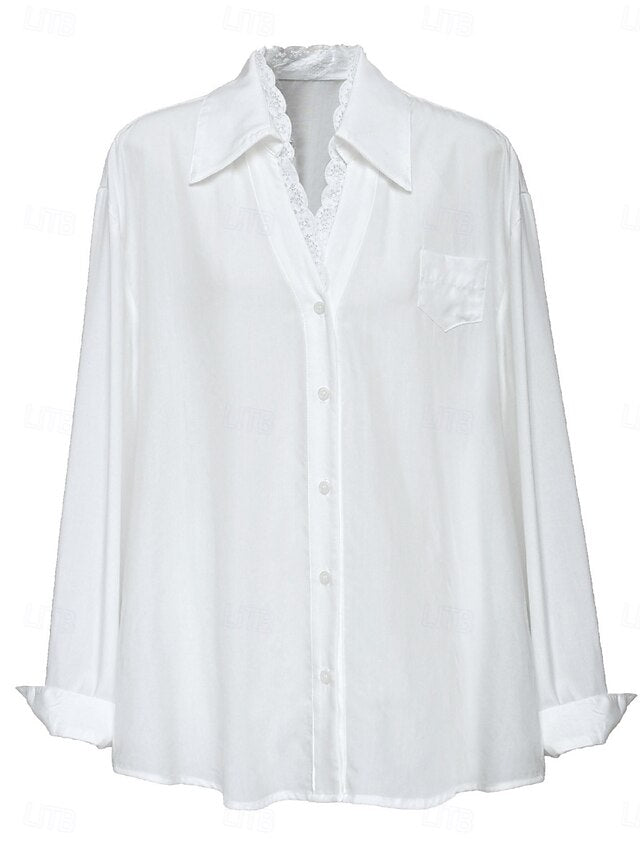 Women's Casual Shirt Button Up Shirt Blouse Lace Patchwork